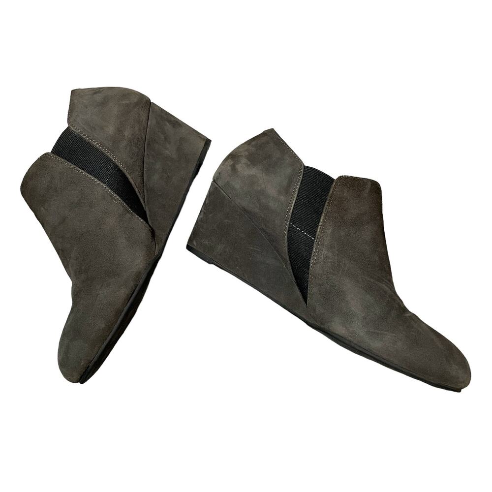 Vionic Elevated Stanton Booties Slate Grey Suede Wedge Ankle Boots Twee Size 10
